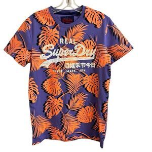 SuperDry Vintage Logo Print Mid Slim Fit Men’s Purple Tee Orange Leaves Small